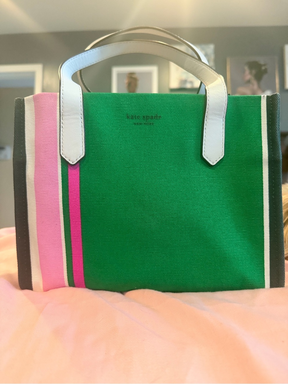Kate Spade Green Stripe Canvas Tote with White Handles